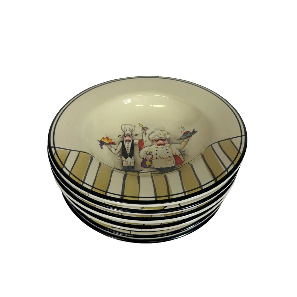 HD Designs Fat Chef Bowls Rimmed Pasta/Soup 9 3/4" Set Of 6 Cream Black Red